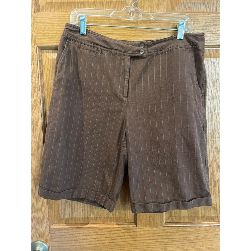 J Jill Brown White Pinstripe Cotton Linen Bermuda Shorts Women's Size 12